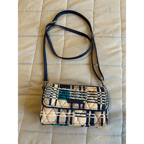 Vera Bradley Crossbody Wallet Purse Bag Blue Beige Geometric Print Quilted Trave - Picture 12 of 12